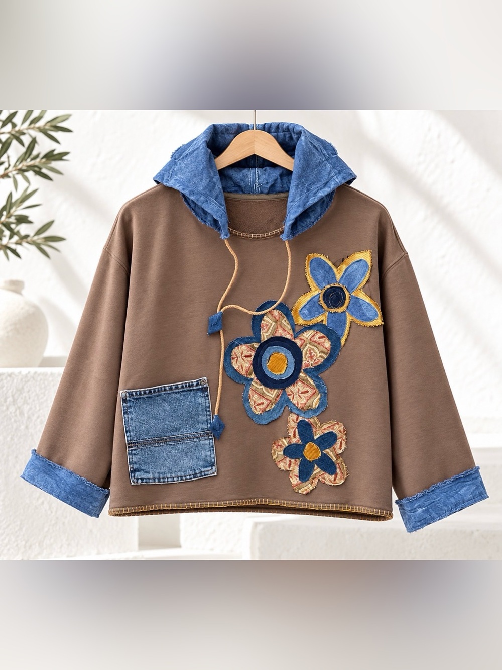OOAK Handmade Upcycled Hoodie L/XL Eco Dyed Cotton Denim Patchwork Boho Floral - Picture 9 of 13